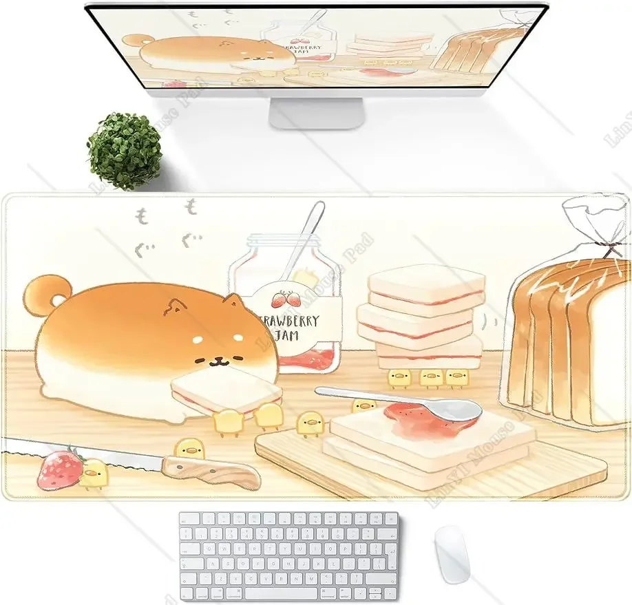 Cute Anime Cartoon Mouse Pad Kawaii Large Yellow Bread Dog Gaming Mousepad Laptop Keyboard Desktop Stitched Edge 31.5 X 11.8 In