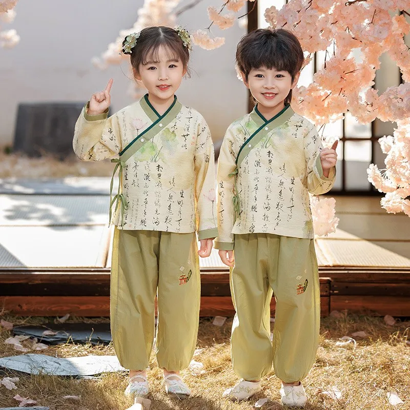 Terno chinês antigo para crianças, conjunto tradicional de hanfu, estudante bonito, uniforme escolar, roupas de dança folclórica, menino e menina, novo