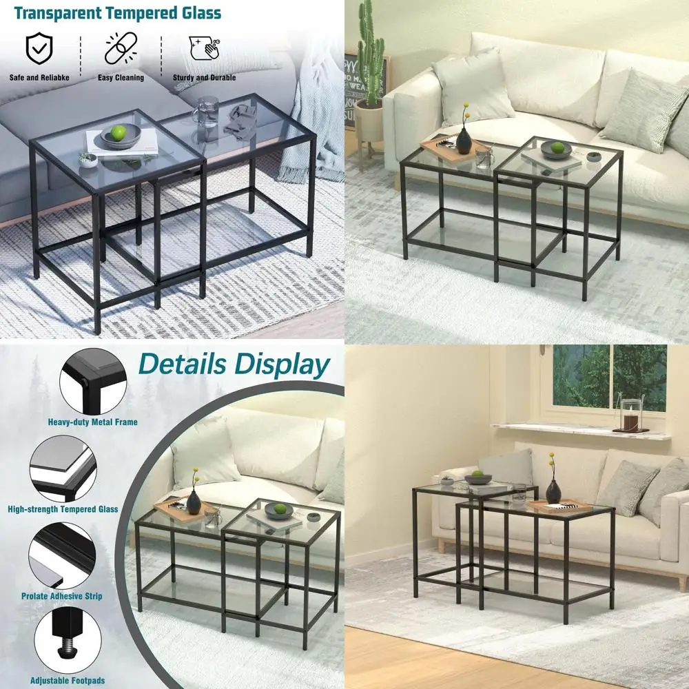 

Modern 2-Tier Glass Coffee Table Set with Metal Frame for Living Room, Bedroom, and Compact Spaces - Easy Assembly