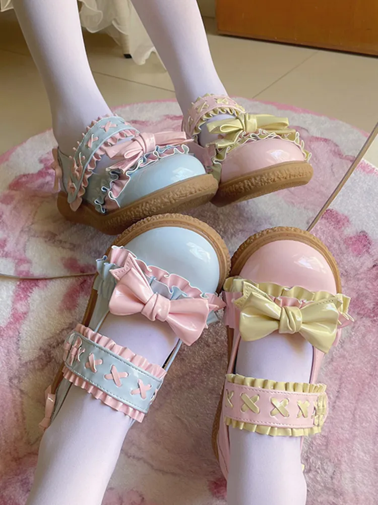 

Japanese Original Beef Tendon Big Head Round Head Flat Shoes Soft Girl Lolita Bow Lace Cute Sweet Girl Single Shoes for Women
