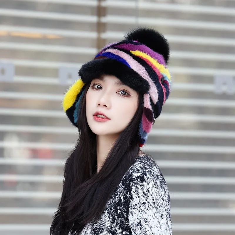 2025 Women Real Mink Fur Hats Multicolor Splicing Natural Mink Winter Hat Detachable Fox Fur Ball Caps Warm Soft Fluffy Fur Hat