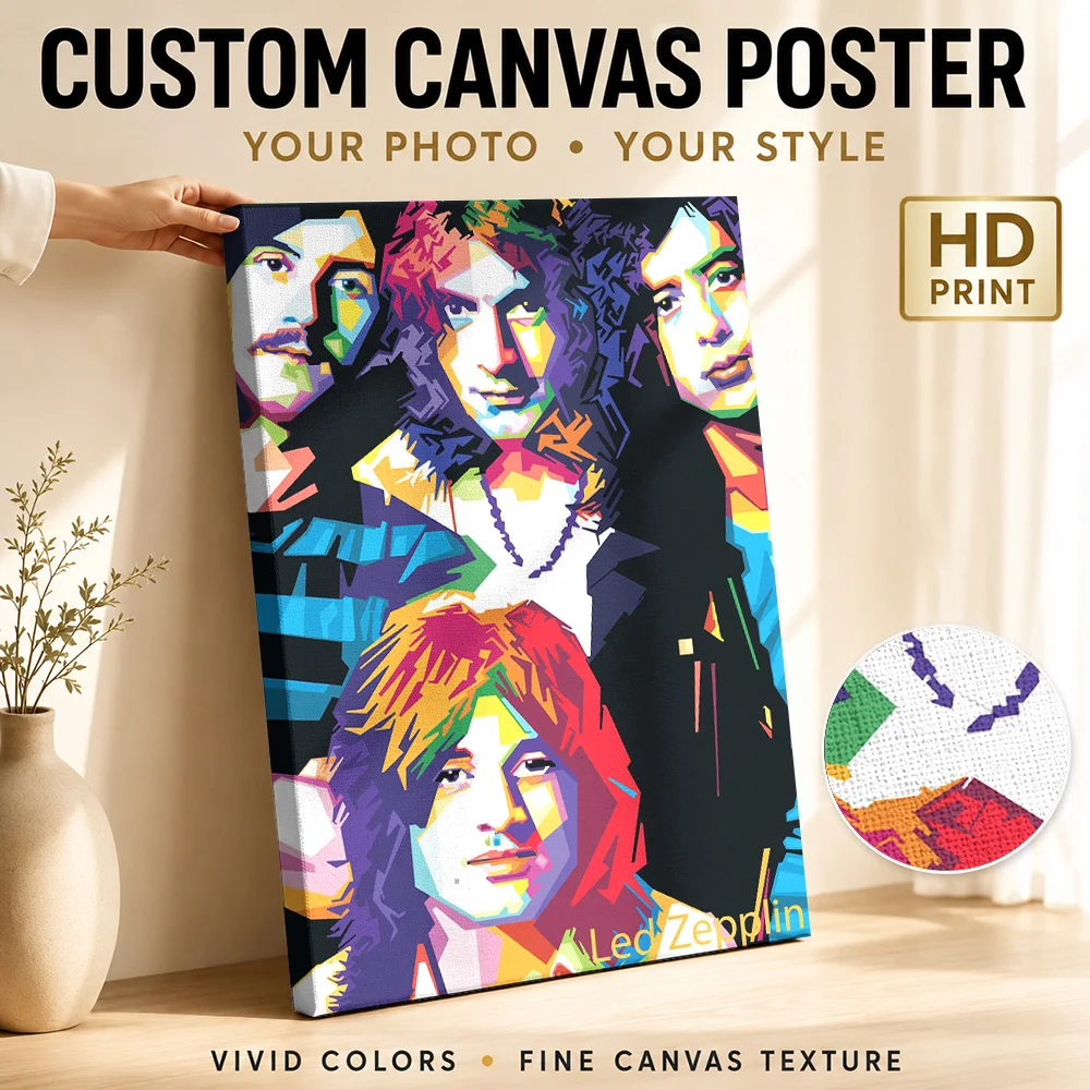 Led Zeppelin Band Canvas Print Customized Photo Multicolor Polygon Shapes Wall Art For Rock Music Listening Room Birthday Gift