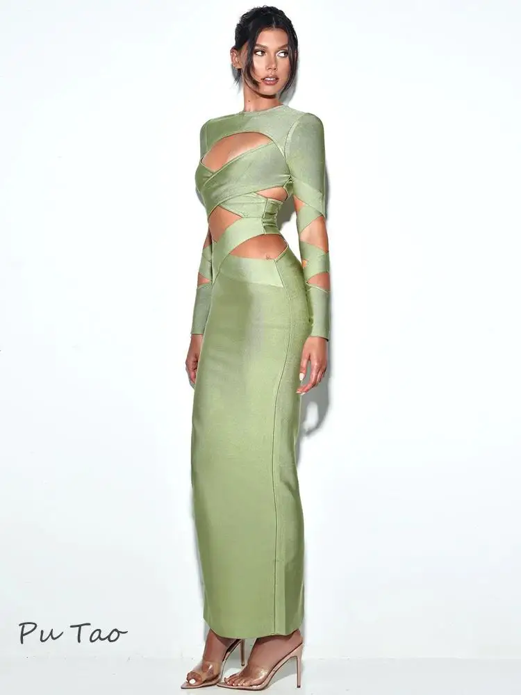 

PuTao Woman Sexy Cut Out Prom Dress Design Back Split With Zipper Party Prom DressWear Bandage Sexy Long Green Dress Vestidos