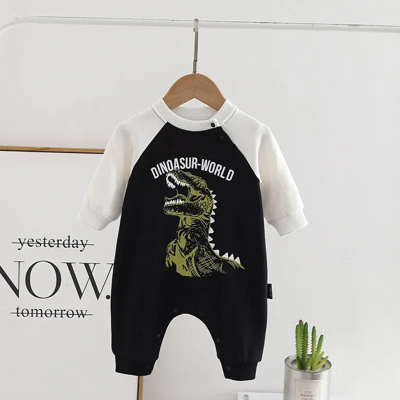 2024 New Autumn Baby Boys Dinosaur Rompers Toddler Handsome Letters Jumpsuit Infant Outwear One Piece