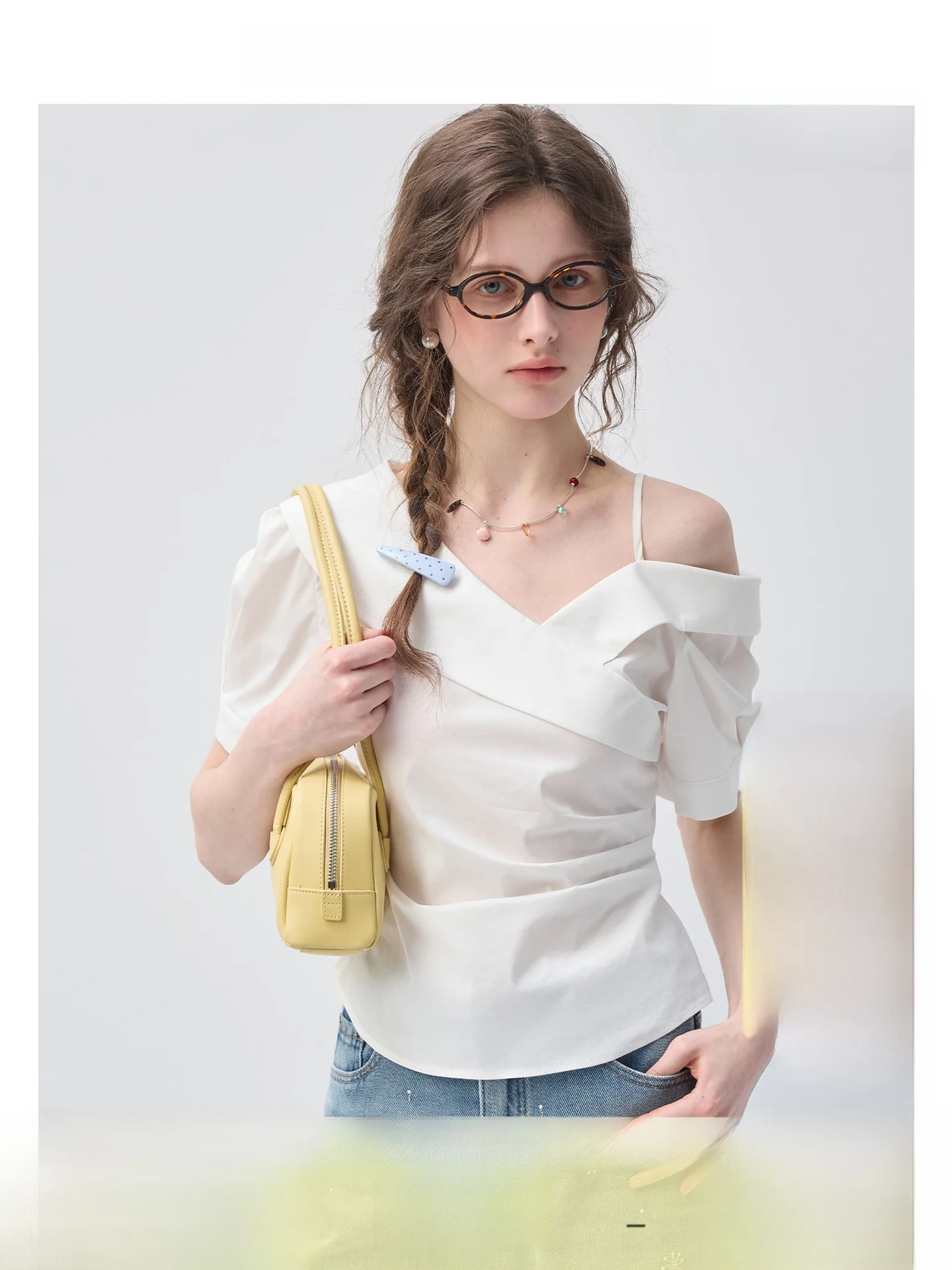 

VEGA CHANG Asymmetric Shoulder Shirt Women's Fashion Summer 2026 Korean Style Slim Fit Breathable Skin-friendly Short Sleeve