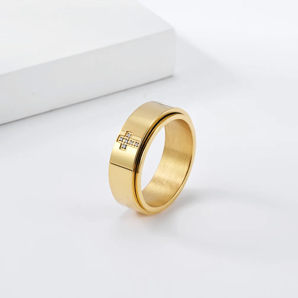 StainlessSteel Diamond Inlaid Rotating Cross Couple Matching Rings Marriage Proposal Unique Design Unisex Band