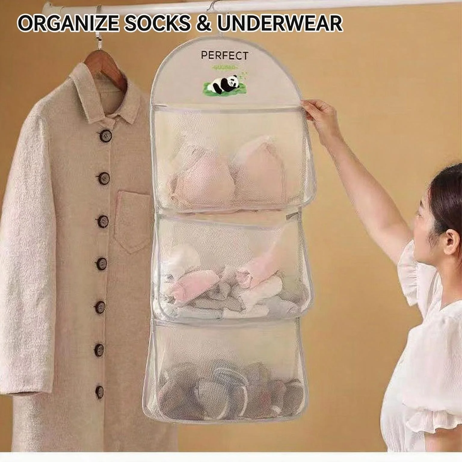 1 Pack Hanging Mesh Storage Bag Breathable Visible Pockets Space Saving Large Capacity Washable Over Door Closet Bedroom Dorm Storage For Renters Students Household Use Organizer For Socks Underwear Panties Small Personal Sundries
