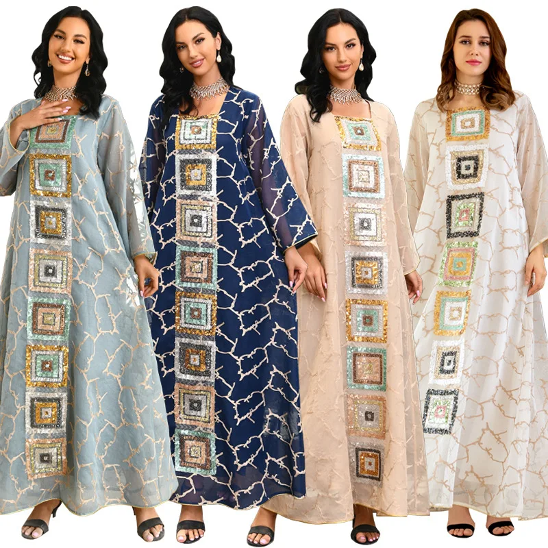 

Muslim Sequins Patchwork Dresses Women's Jalabiya Ramadan Moroccan Dubai Mesh Fashion Kebaya Casual Loose Abayas 2025
