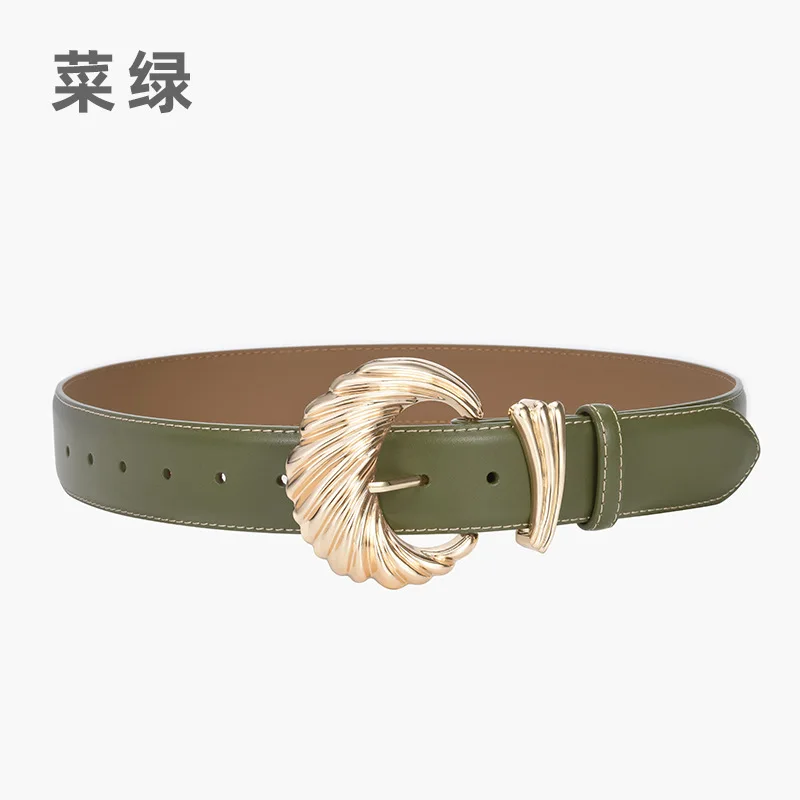 Western Car Line Design Leather Gold Pin Buckle Wide Waistband Belt Fashion Coat Dress Belt for Ladies
