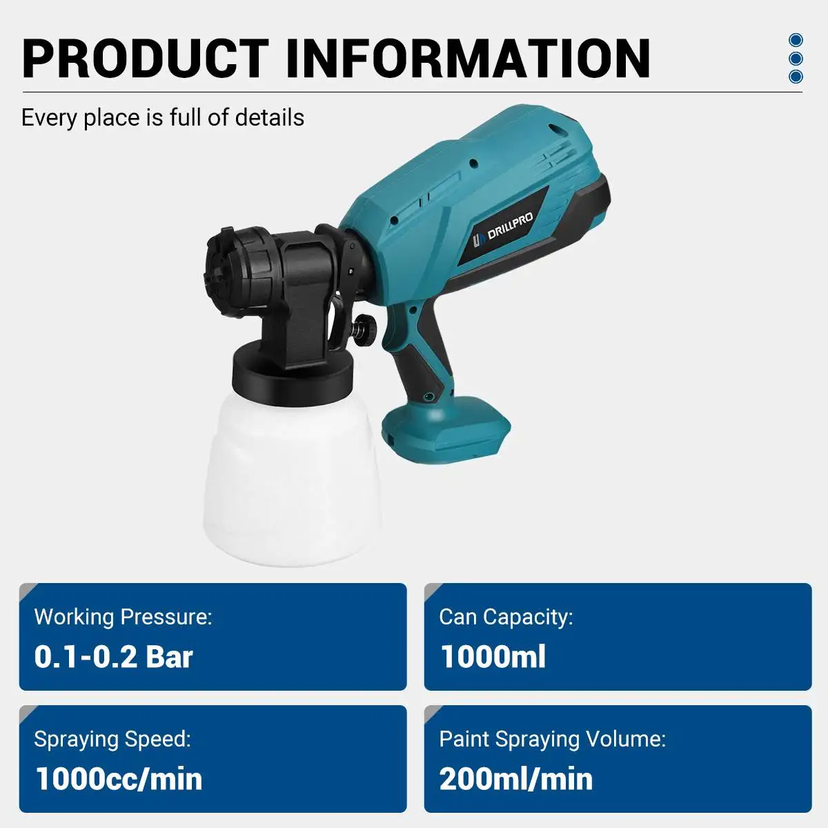 Drillpro Cordless Pistola de Pintura Elétrica, 1000cc/min, Pulverizador De Pintura, Auto Móveis, Revestimento De Aço, Aerógrafo para Bateria Makita18v