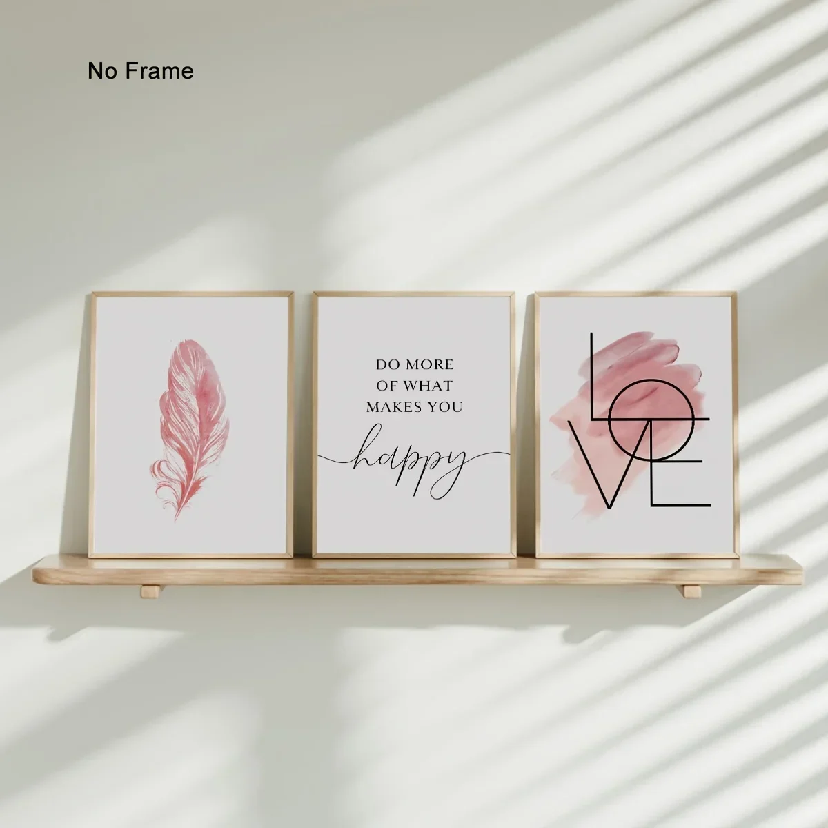 2D Flat, 3pcs Set Blush Pink Wall Art Feather Canvas Painting Inspirational Quote Poster And Print Love Sign Picture for Girl