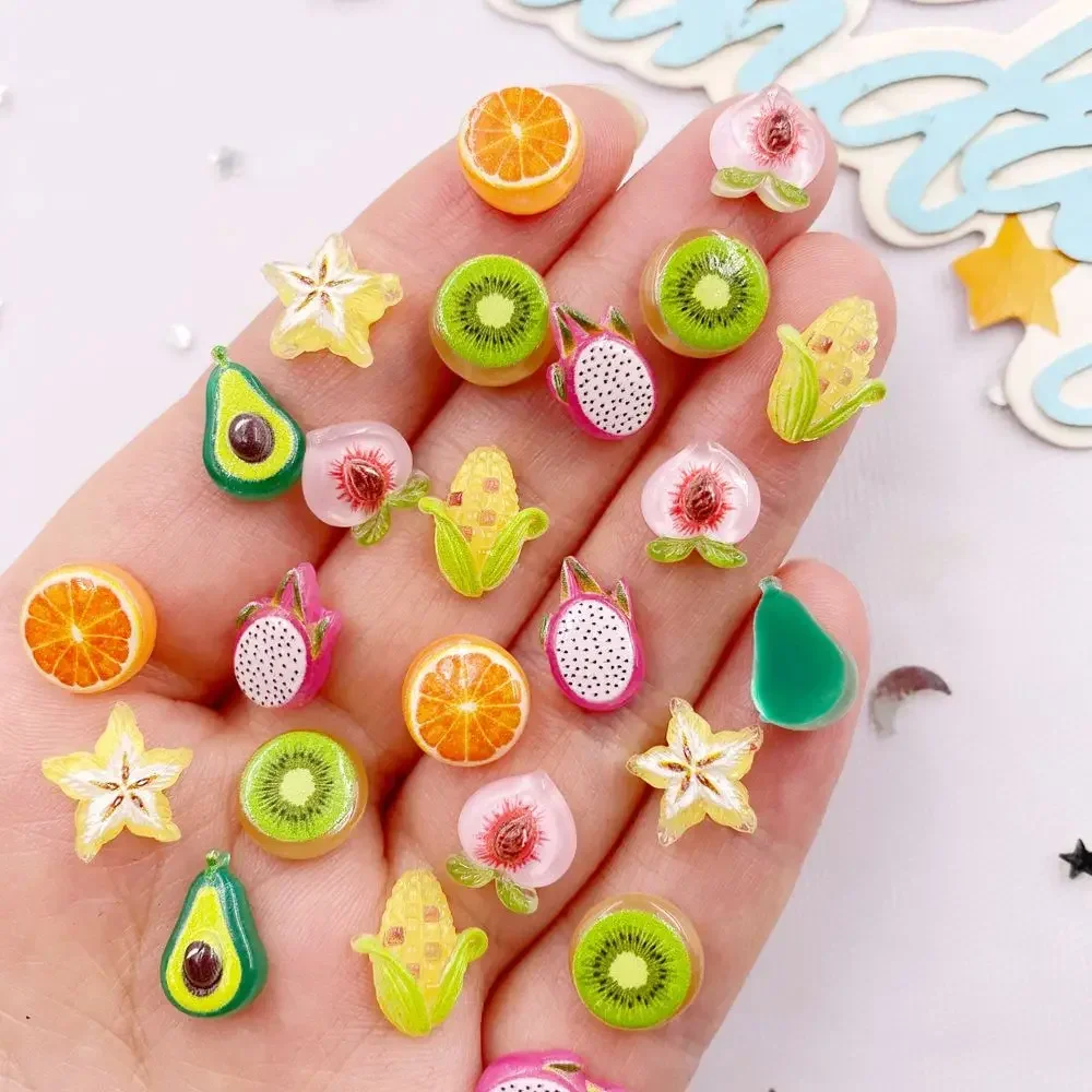 50PCS Resin Mini Colorful Avocado Kiwi Orange Corn Fruits Vegetables Nail Art Flatback Rhinestone Figurines DIY Bow Decor Crafts