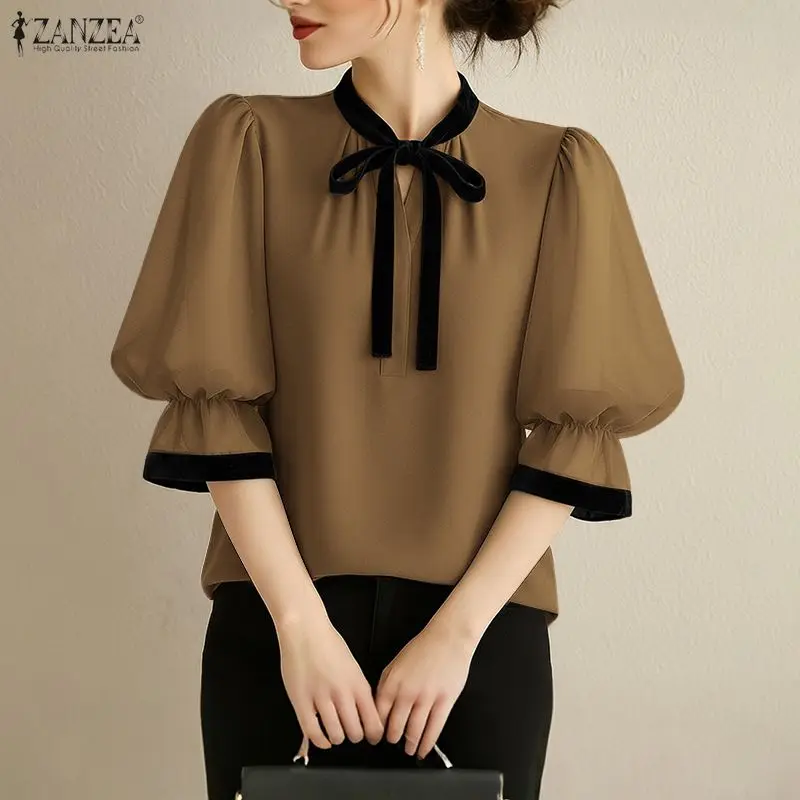 ZANZEA بلوزة نسائية أنيقة للعمل OL قميص مكتب صيفي سترة أنيقة 3/4 كم مكشكش بلوزات مرقعة ملابس علوية غير رسمية برباط #1