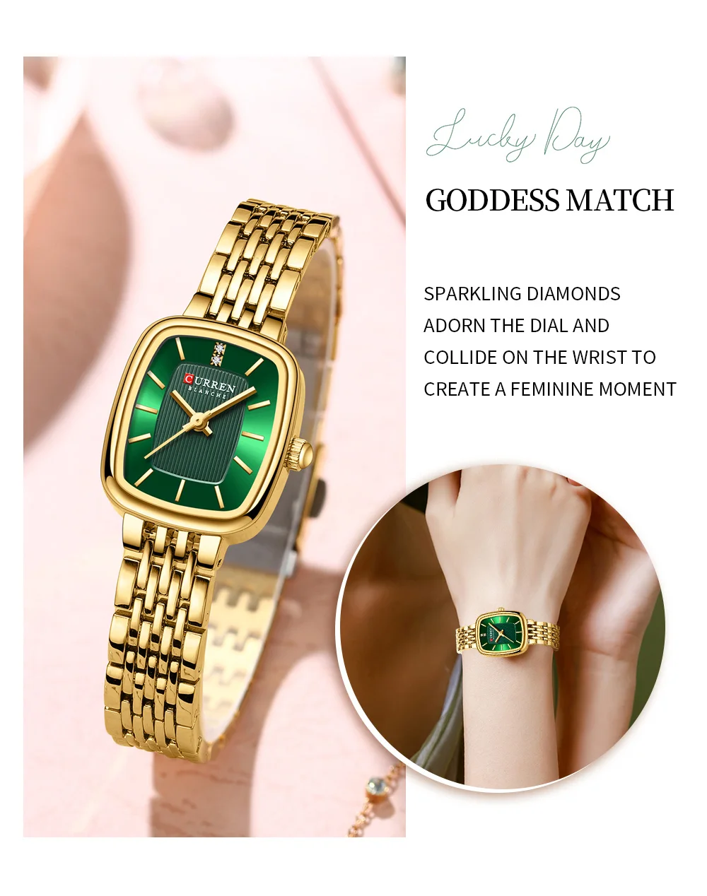 Curren 9093 Damen-Quarzuhr, wasserdicht, luxuriös, Party-Damenuhr, elegantes goldenes rechteckiges Zifferblatt, Quarzuhr, Armband, Geschenk – Detail 2