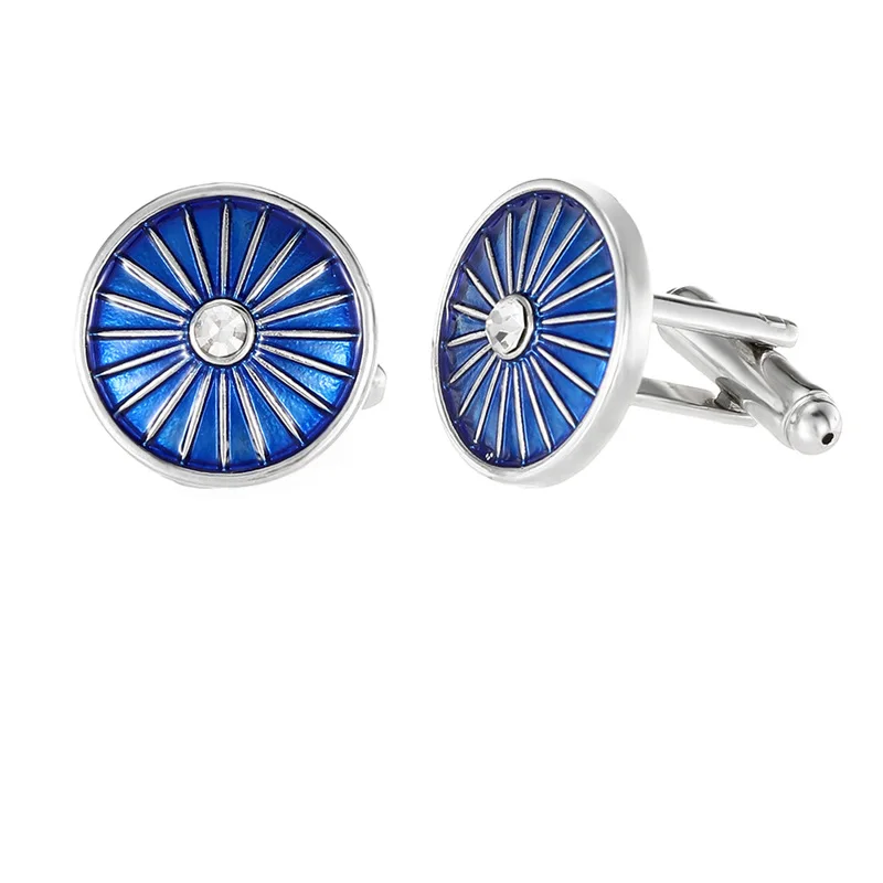 Business Men's Cufflink Luxury French Shirt Cuff Accessories Round Striped Blue Enamel Alloy Suit Sleeve Button Gift for Husband