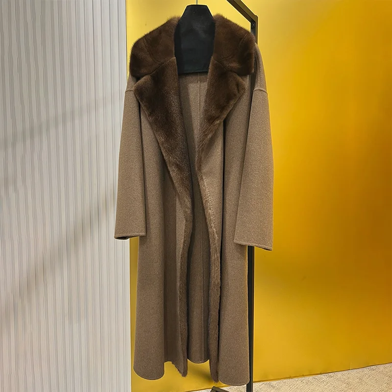 

Кашемировое двустороннее пальто высокого качества с воротником из норки и шнурком. Женская длинная широкая шерстяная одежда 25102013.