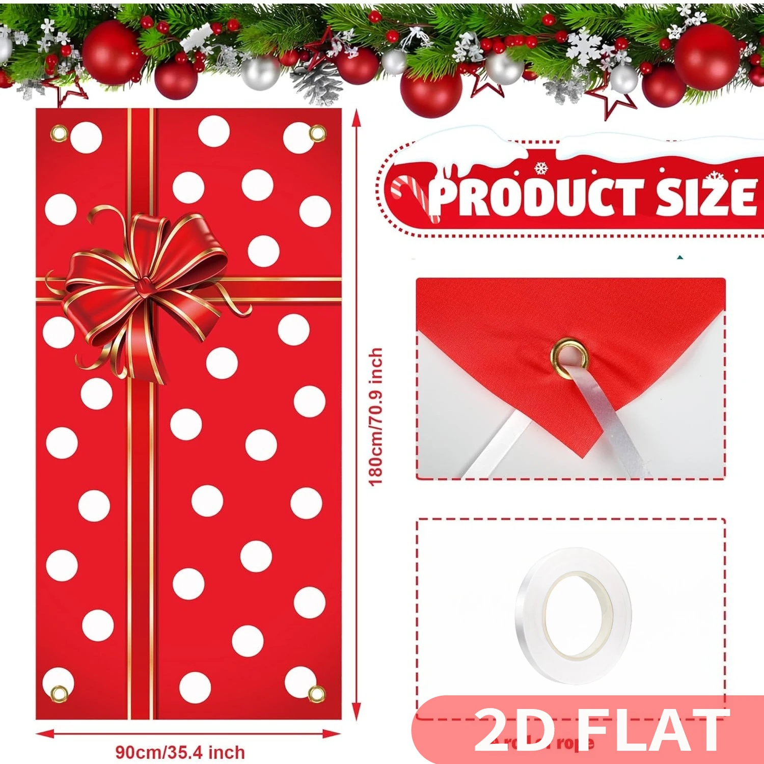 1pc Christmas Gift Bowknot Design Flag Banner, Polyester Red White Polka Dots Door Banner Cover Xmas Gift Box Door Banner