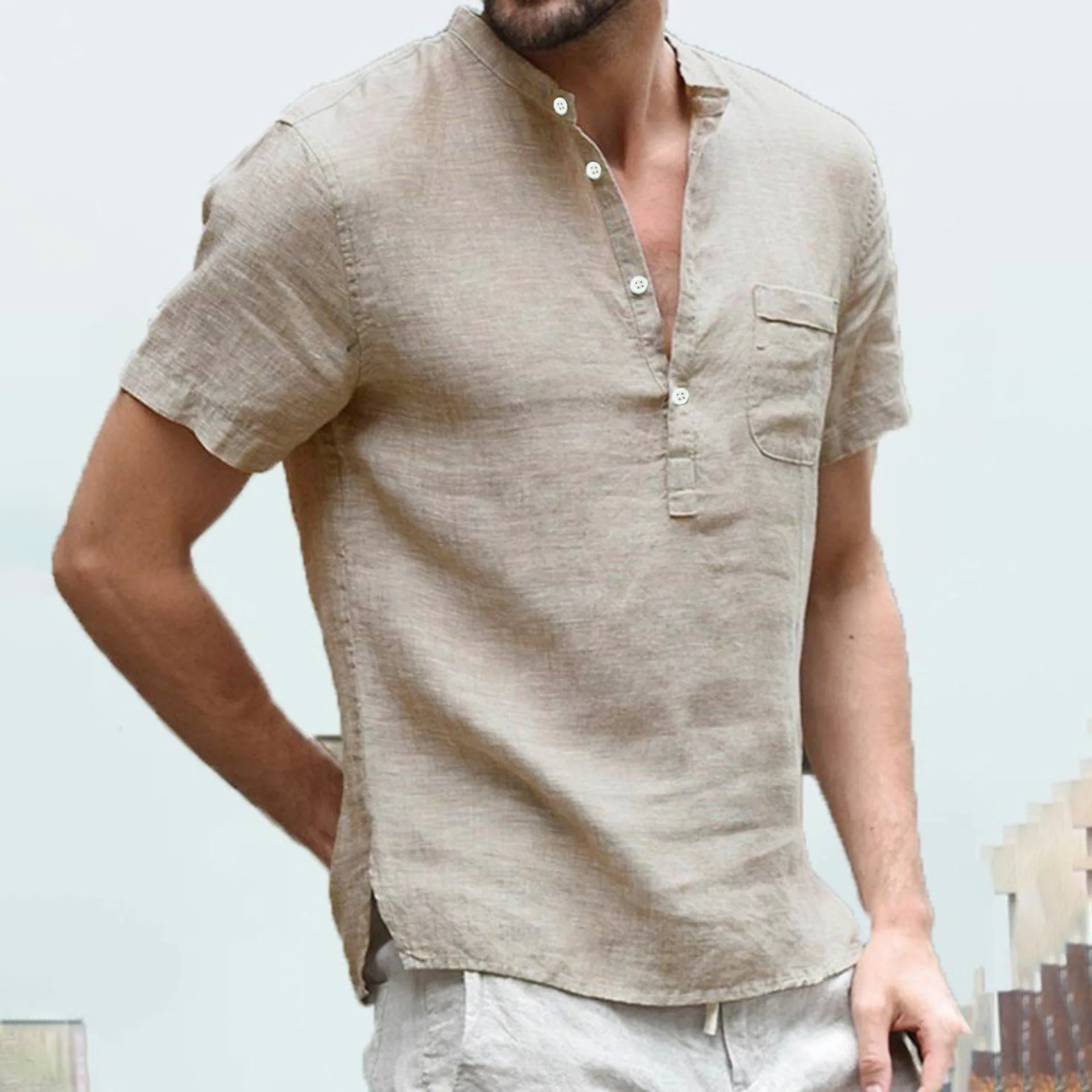 2026 New Summer Short Sleeve T Shirt Men Fashion V Neck Button Casual T-shirt Solid Color Breathable men\'s tshirt  MY068