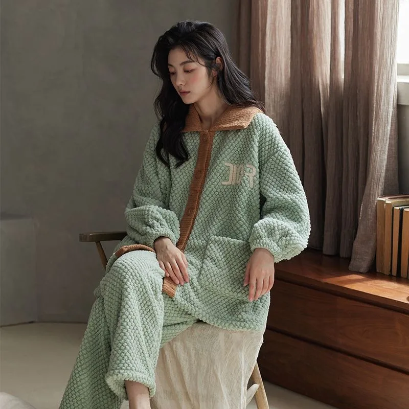 Coral Velvet Pajamas Winter Women Thickened Fleece-lined Embroidered Homewear Suit Female Leisure Warm Comfortable Nightclothes