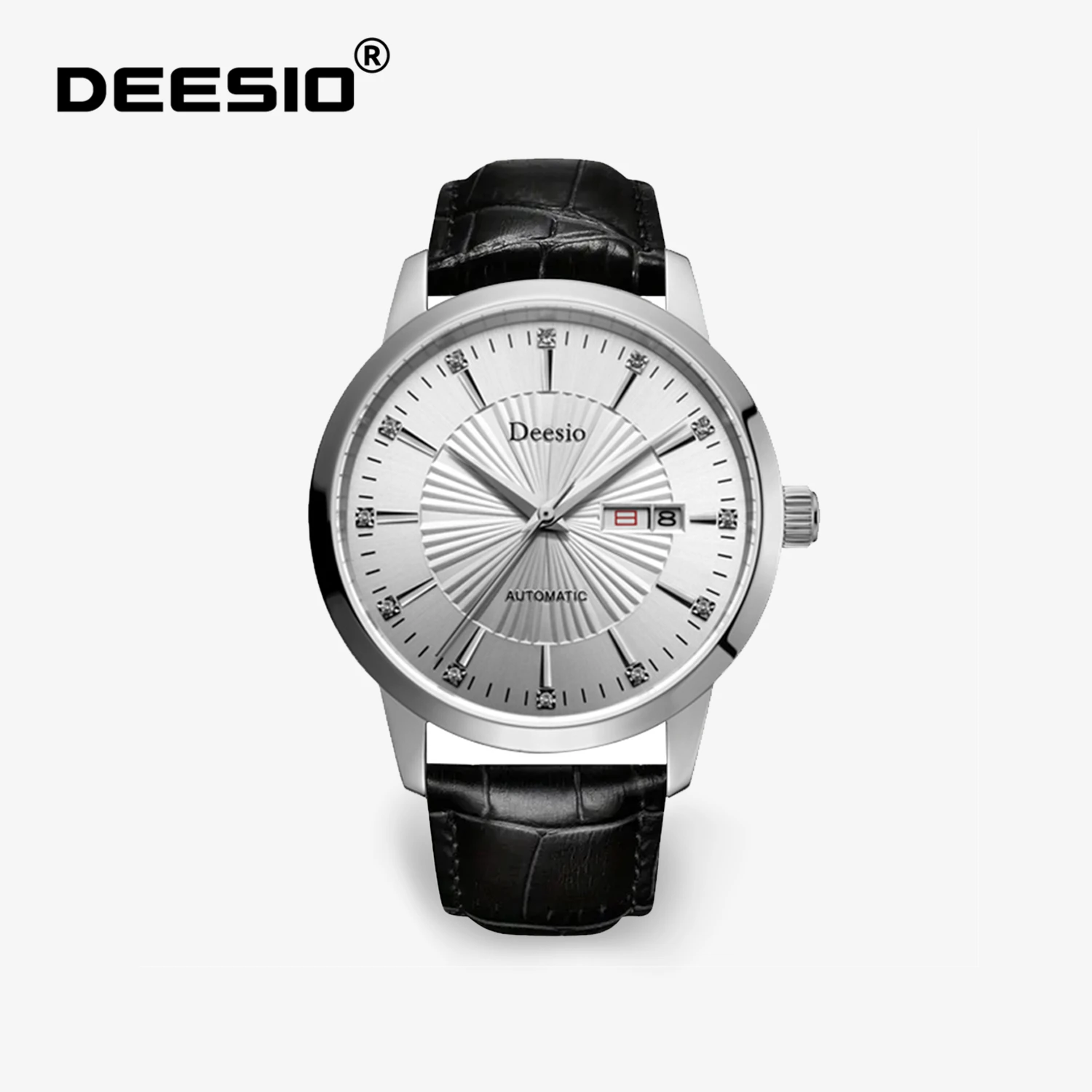 Deesio Luxuriöse automatische mechanische Uhr für Herren, Business-Kleid-Edelstahlgehäuse mit Datumsanzeige, Lederarmband-Armbanduhr