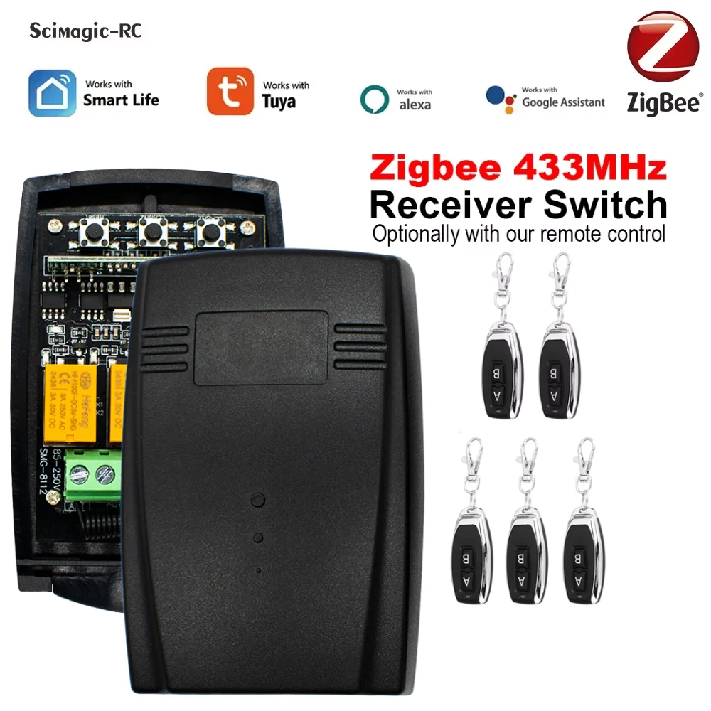 

ZIGBEE Tuya Universal Garage Door Opener 2CH 433 Receiver 220V 7-250V For Fixed Rolling Code Controller Works with Gateway