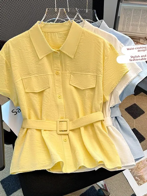 

Лето 2025 г., женский пояс с воротником ort Sve irt Design Sense, свободный крой, обычная длина све, однотонная пуговица...