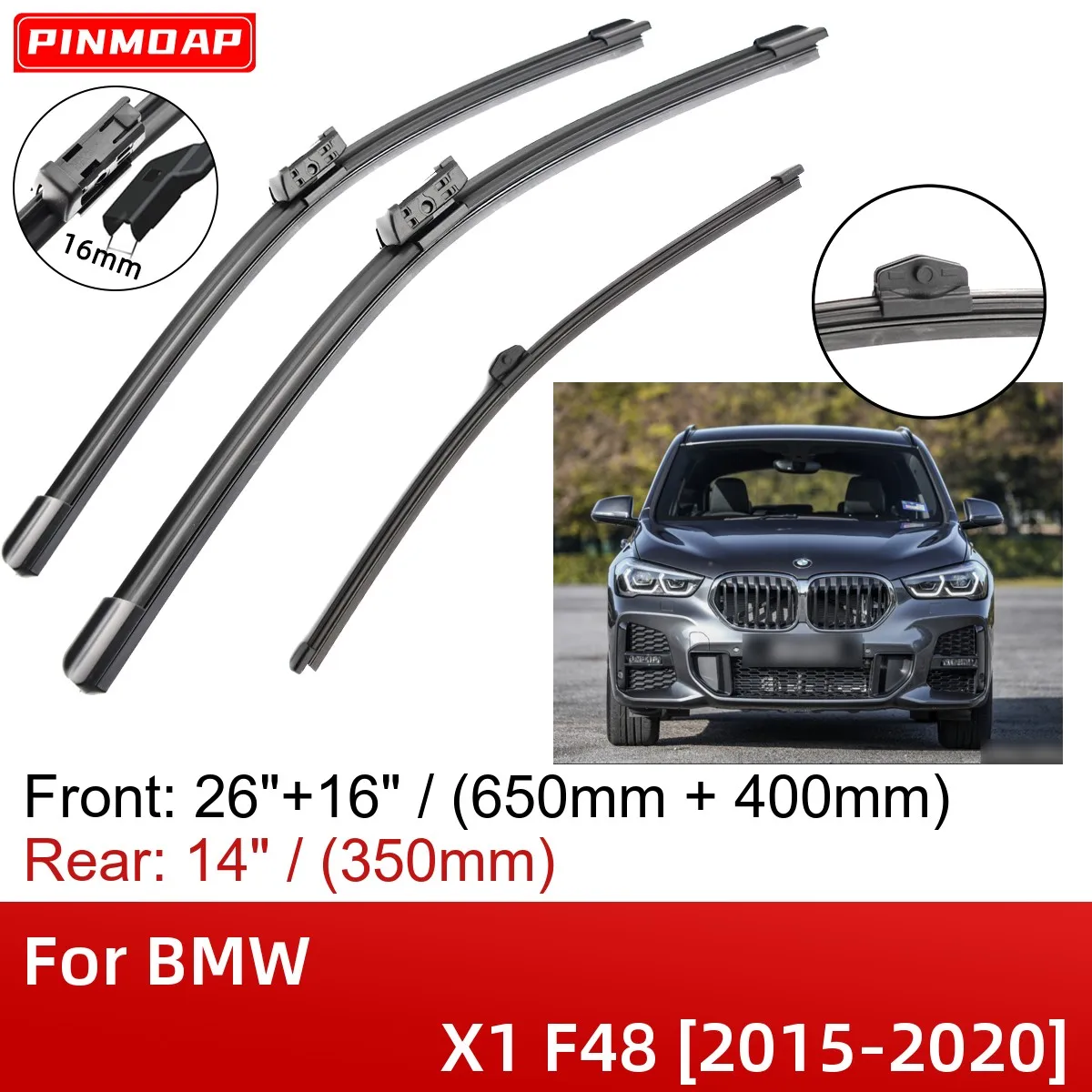 

For BMW X1 F48 2015-2020 26"+16"+14" Front Rear Wiper Blades Brushes Cutter Accessories 2015 2016 2017 2018 2019 2020