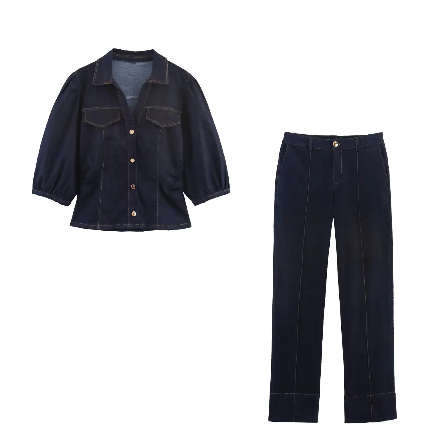 

Женский комплект брюк из 2 предметов, джинсовая рубашка с пышными рукавами и v-образным вырезом + джинсы, новинка 2025 года, осенний женский костюм из двух предметов