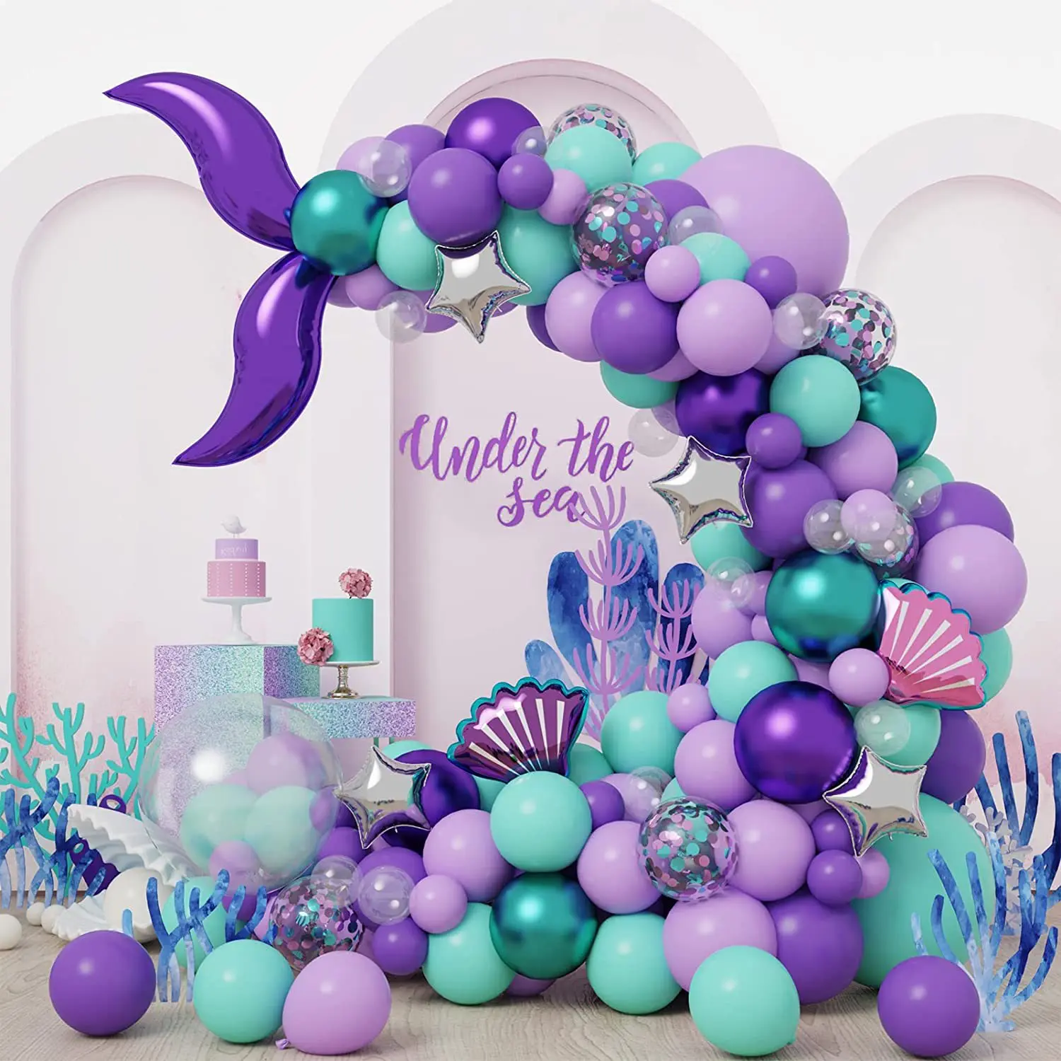 Lila Meerjungfrau Geburtstags-Tischdeko Party Mädchen Pappteller Becher Servietten Tischdecke Geburtstagsbanner für Kinder Ballonset Hintergrund – Detail 37
