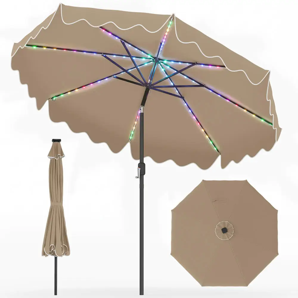 9Ft Solar Patio Umbrella With Color Changing Led Lights, Polyester Canopy With Metal Ribs, Crank And Tilt Design For Outdoor Deck, Poolside And Commercial Shade, Brown