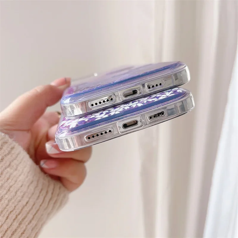 Dandelion Floral Quicksand for iPhone 15 Pro 14 13 16 Pro Max Phone Case Purple Moving Sand Heart Flakes Soft Cover Clear Shell