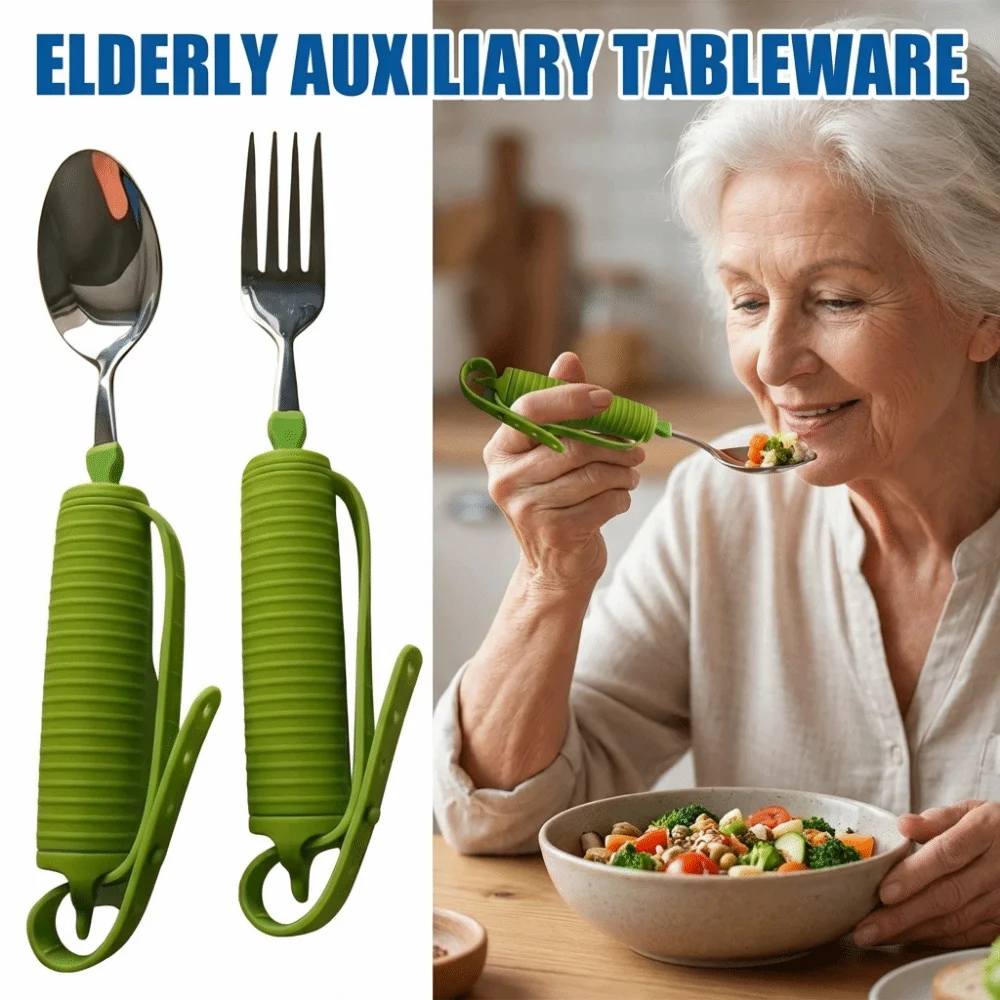 Anti-Shake Stainless Steel Fork and Spoon Ergonomic Portable Elderly Auxiliary Tableware Easy To Use Lightweight Food Aid Spoon