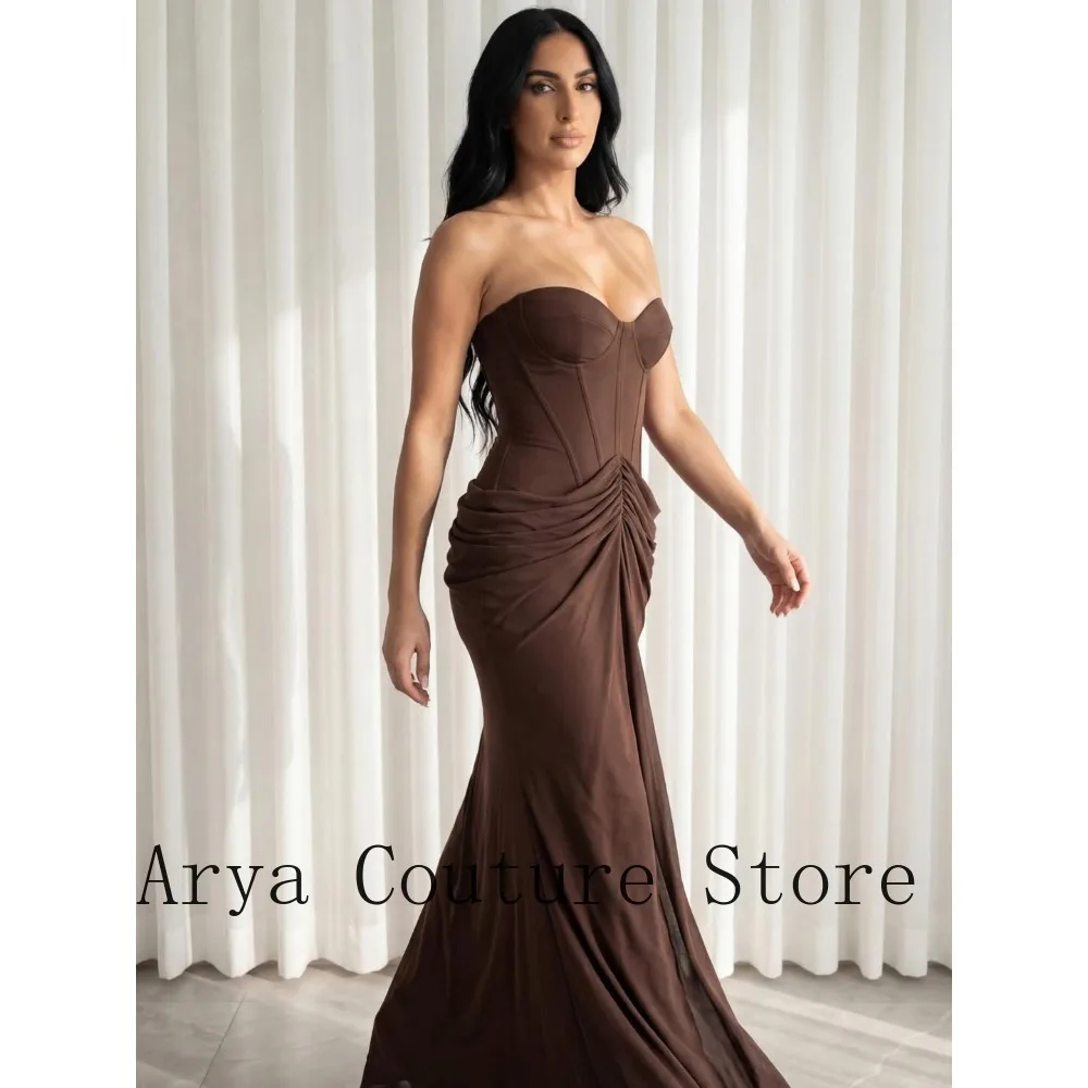 

Customized Brown Strapless Corset Ruched Mermaid Evening Dress, Formal Party Bridesmaid Gown Plus Size