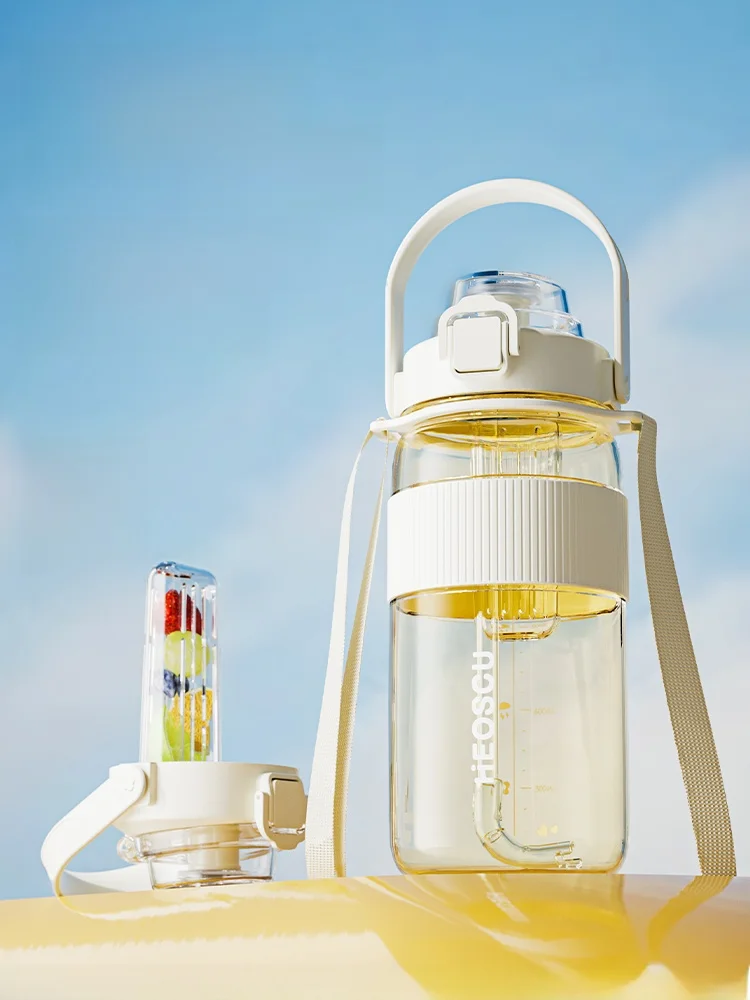 Large Capacity Sport Fitness Water Bottle Women Portable Carry Straw Cup round Cylinder Shape Pure Color HEoscu Double Drink ...