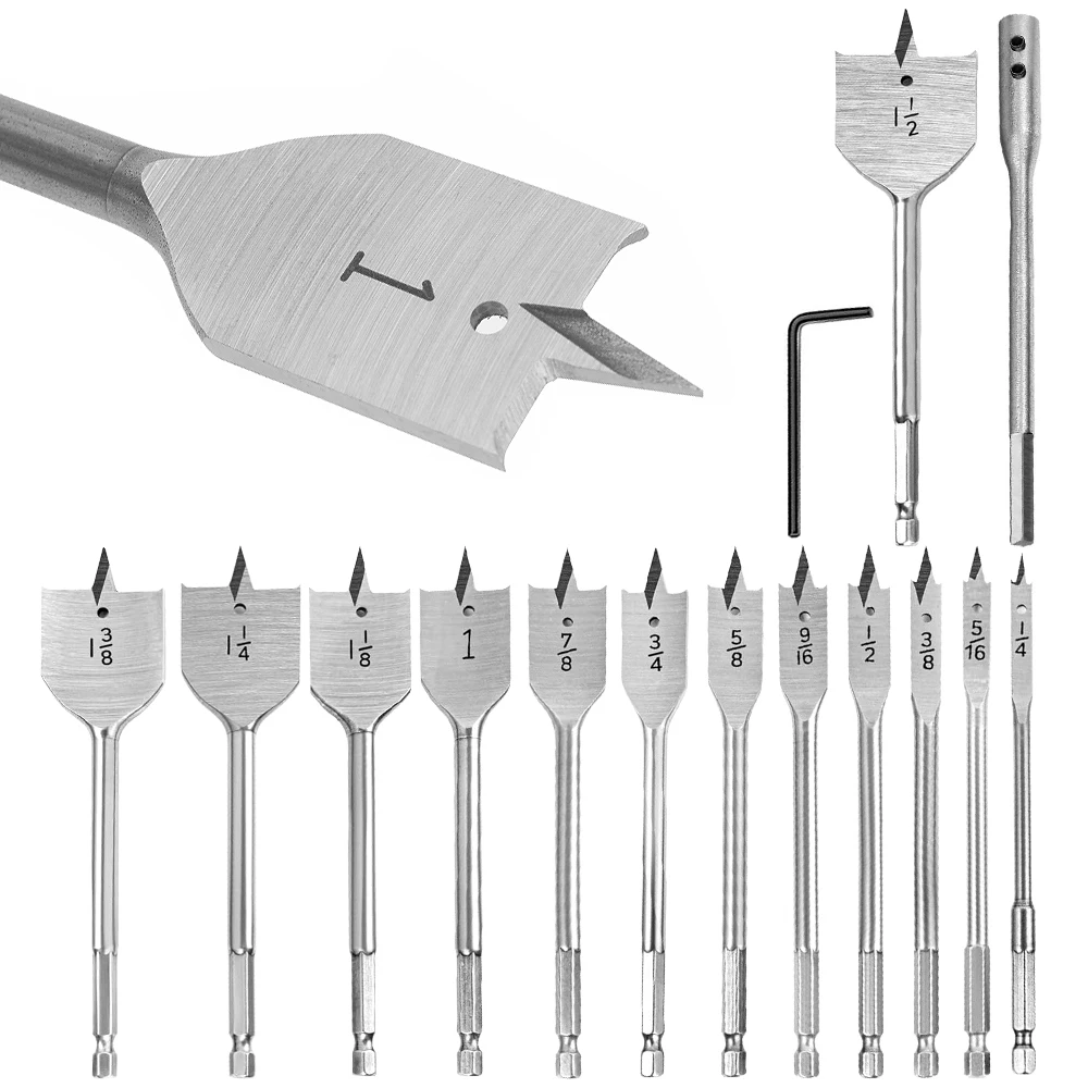 13Pcs Spade Drill Bit Sets, Alloy Steel Paddle Flat Bit with Quick Change Shank, Flat Wood Hole Cutter Fit for Woodworking