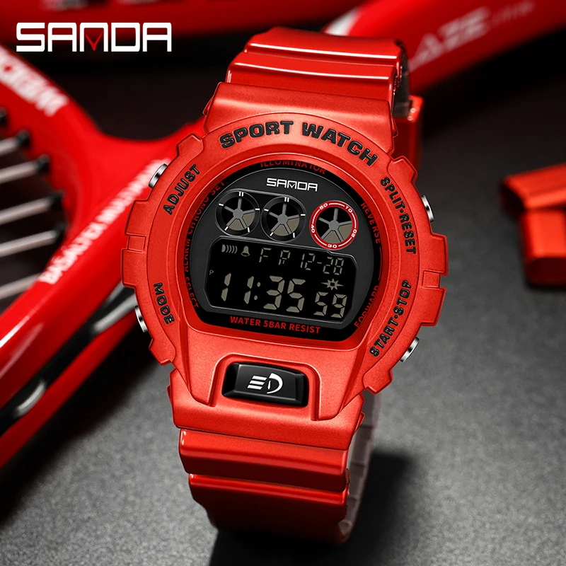 SANDA Personality Mens Electronic Watches Luminous Digital Multifunction Watch Red Strap 50M Water Resistant Relogio Masculino