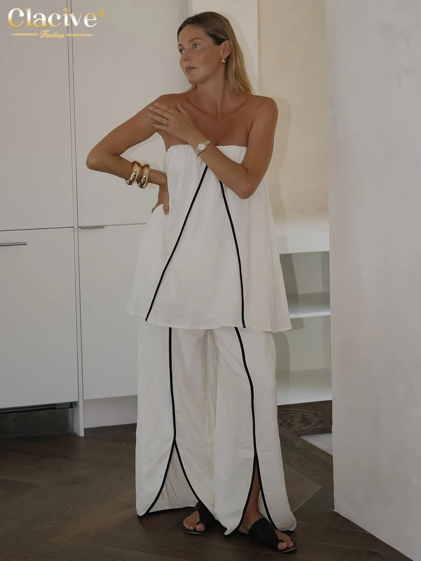 

Clacive Summer Loose White Cotton Woman 2 Piece Set Outfit 2025 Fashion Strapless Tank Top With High Waist Wide Pants Set Female