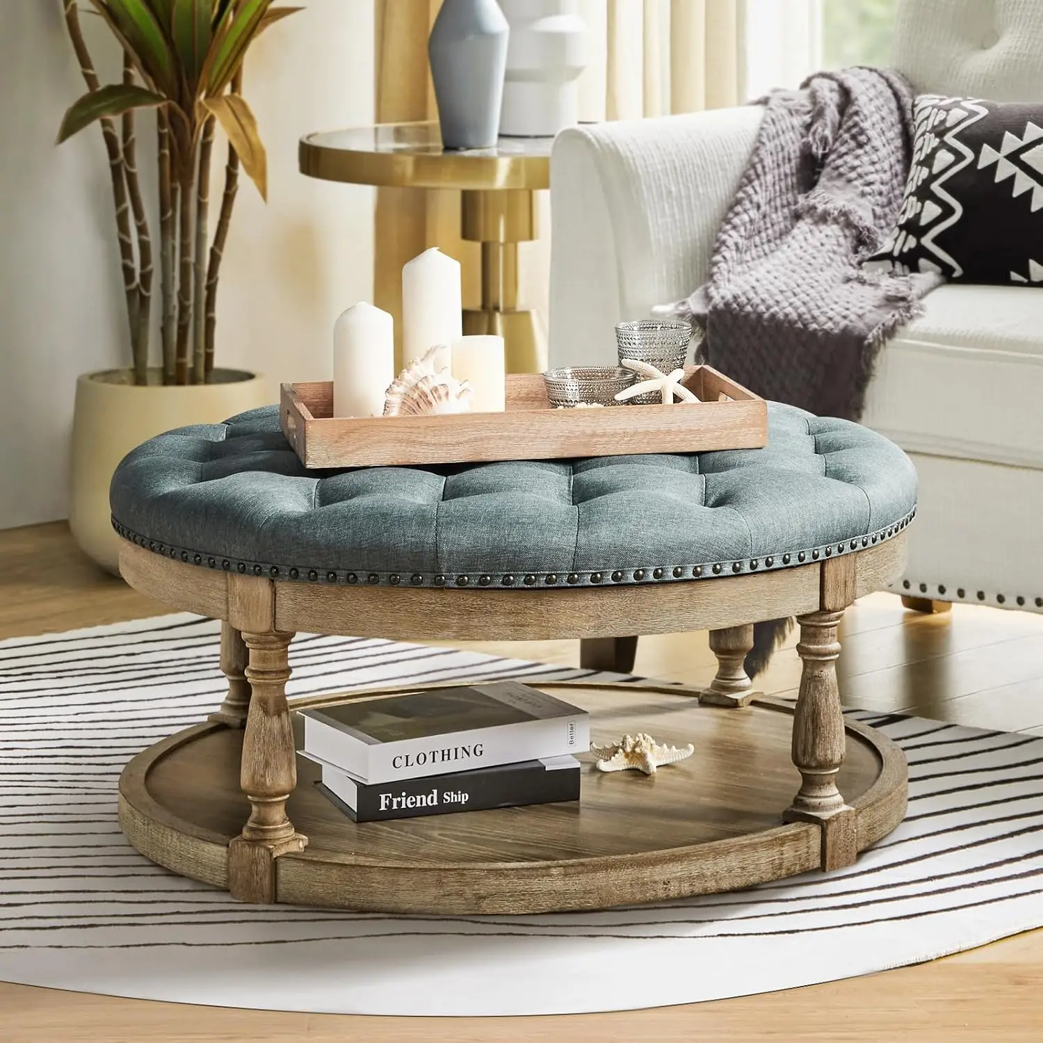 Round Ottoman Coffee Table 2-Tier Button Tufted Footrest Wood Shelf Storage Farmhouse Upholstered Living Room Blue, Customized