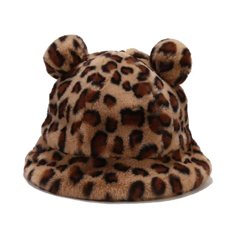 

Fashion Autumn Winter Leopard Fur Bucket Hat Bear Ear Ball Plush Fisherman Hat Soft Warm Thick Basin Hat Protection Bucket Hats