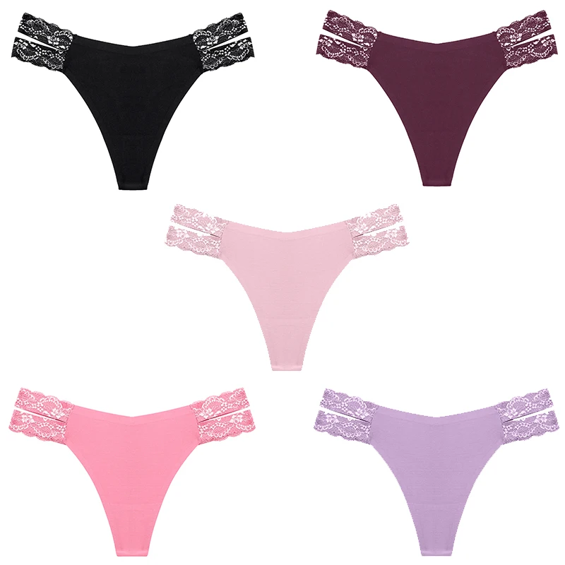 5pcs Sexy Contrast Lace Thongs Hollow Out Seamless Stretchy Intimates Panties G Strings Bikini Lingerie Women Underware Ladies