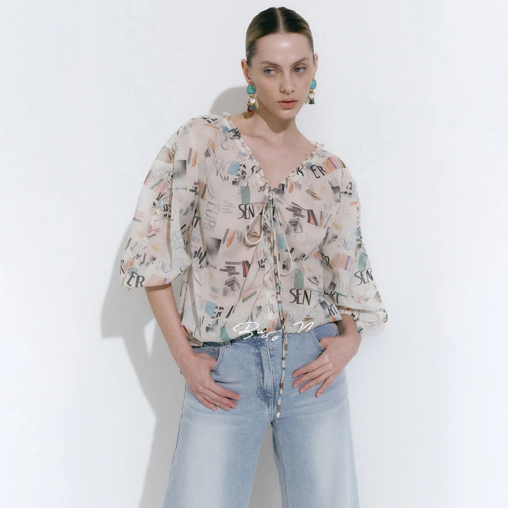 

V-Ne шифоновый топ с поясом и цветочным принтом для похудения, универсальный маленький ильт, корейская версия Five Sve