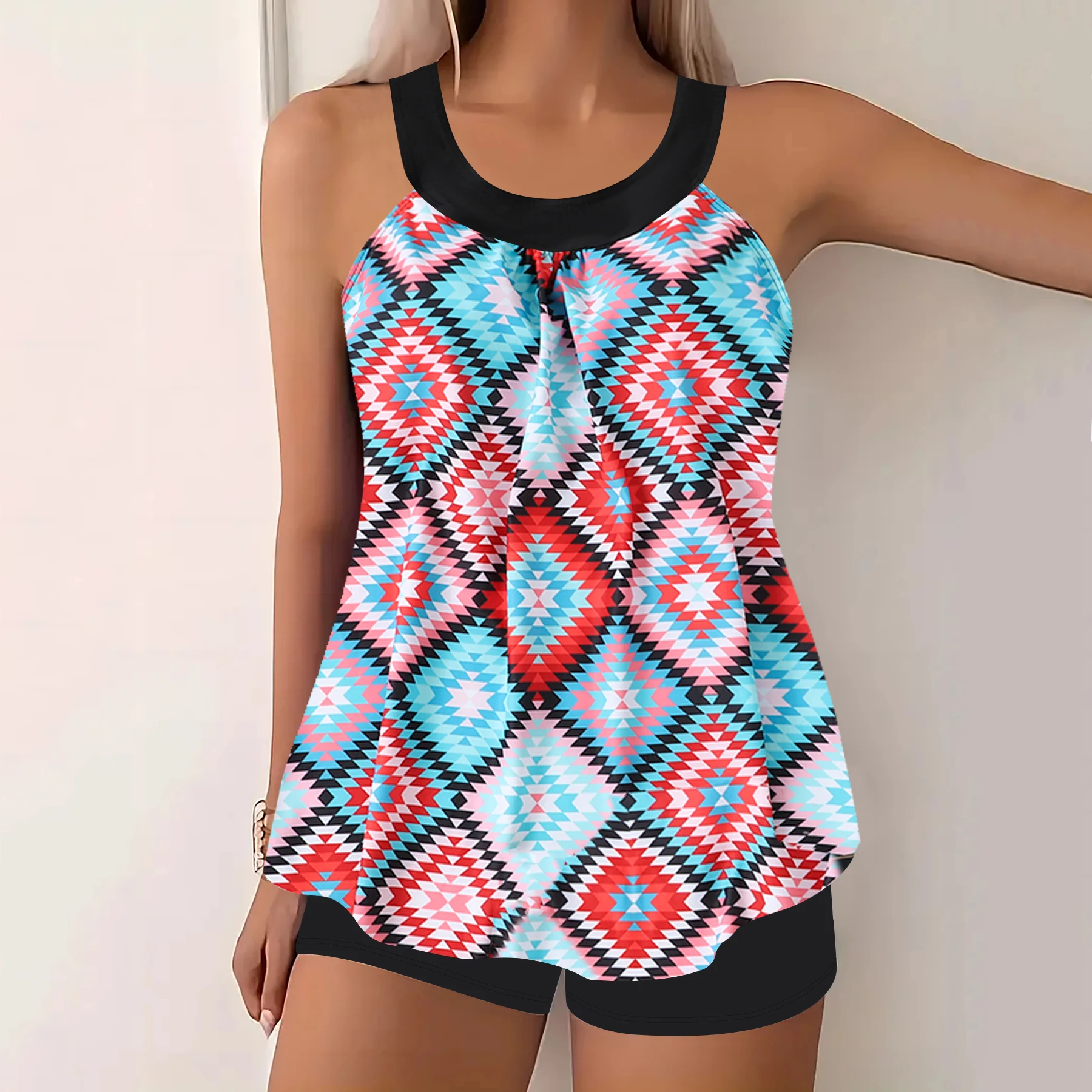Conjunto de traje de baño tankini para mujer, traje de baño de dos piezas sin espalda con estampado floral, ropa de playa de moda con camiseta sin mangas y pantalones cortos, bikini sexy