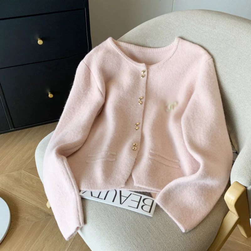 Women Clothing Vintage Knitting Sweater Pink Cardigan Jacket White Long Sleeve Round Neck Fashion 2024 NEW Female Winter Tops