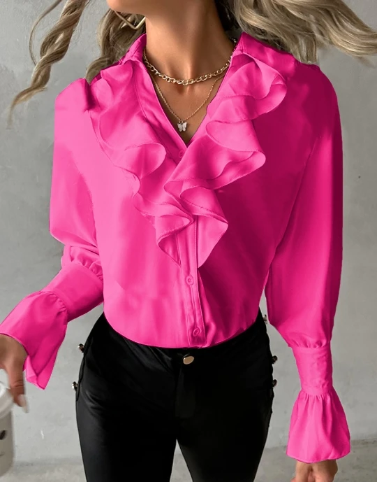 Women Fashion Ruffled Blouse Youthful Woman Clothes Temperament Commuting Women's Casual V-Neck Long Sleeve Shirt Top Y2K