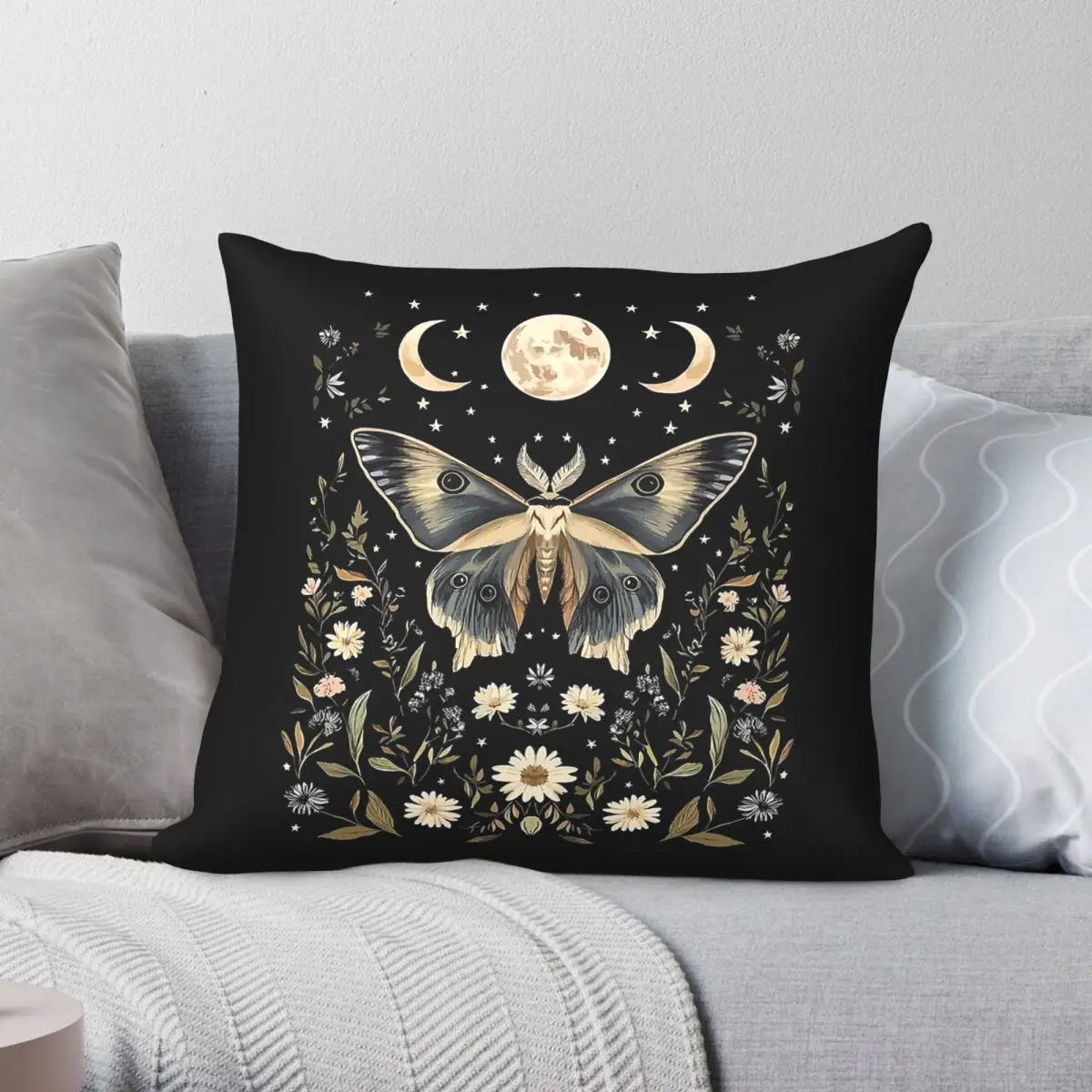 Witchy Cottagecore Botanical Moth Square Pillowcase Polyester Linen Velvet Creative Decorative Throw Pillow Car Cover 45x45
