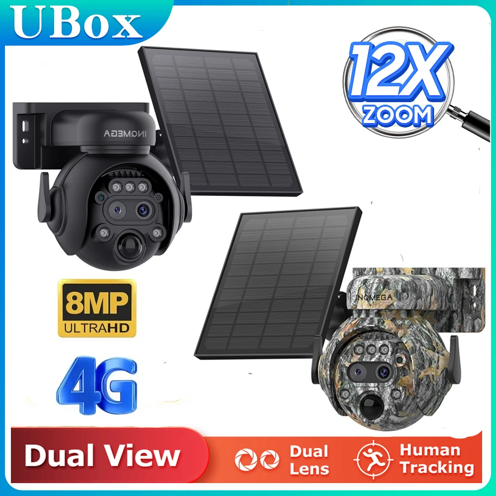 INQMEGA 12X ZOOM 4K 8MP Solar Camera Dual lens 4G 360° View Camouflage Color Outdoor Hunting Camera 7800mAh Battery Ubox app