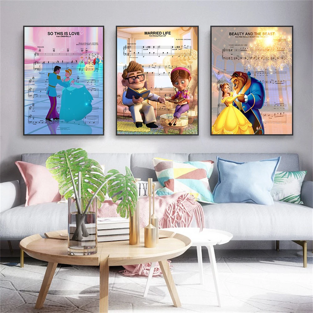 Disney Cartoon Movie Music Poster Cinderella Wall Art Toy Story Prints Beauty and the Beast Sheet Music Canvas Painting Decor