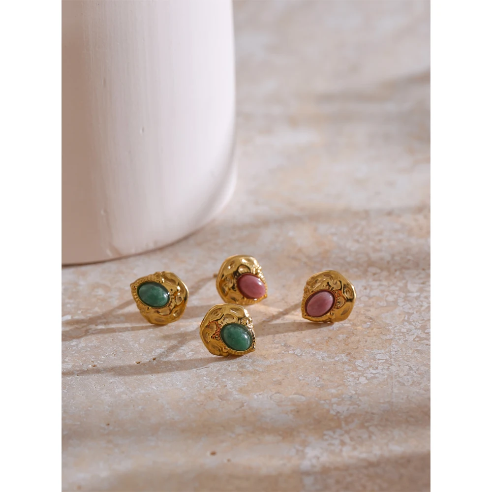 Yhpup France Vintage Style Stainless Steel Natural Stone Smaller Golden Stud Earrings Anti Allergic Metal Popular Jewelry