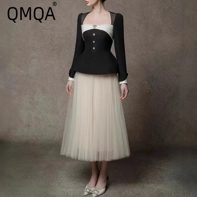 

QMQA модный женский легкий роскошный комплект из двух предметов с цветными блоками, тонкий топ с квадратным вырезом, сетчатая юбка, нишевые элегантные светские комплекты QM741