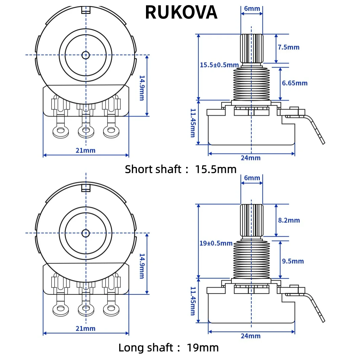 RUKOVA Electric Guitar Brass Shaft Potentiometer, 24-Tooth Brass Pot, 3/8” Threaded Shaft, 250K/500K Optional, Set of 2